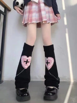 Pastel Goth Heart Cross Leg Warmers -Clothing Discount Store pastel goth heart cross leg warmers kawaii warmers leggings goth 996