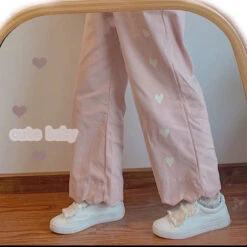Pastel Heart Print Pants -Clothing Discount Store pastel heart print pants heart print pastel pants embroidery kawaii 362
