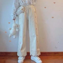 Pastel Heart Print Pants -Clothing Discount Store pastel heart print pants heart print pastel pants embroidery kawaii 560
