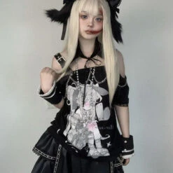 Pastel Menhera Off The Shoulder Tee -Clothing Discount Store pastel menhera shoulder tee black s anime anime girl fairy kei menhera menhera kei shirt kawaii babe 815