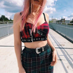 Patchwork Plaid Crop Top -Clothing Discount Store patchwork plaid crop top belly shirt tops cropped tank tee kawaii babe 848