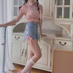 Pink Corset Shorts -Clothing Discount Store pink corset shorts angel angelic blue jeans denim kawaii babe 200