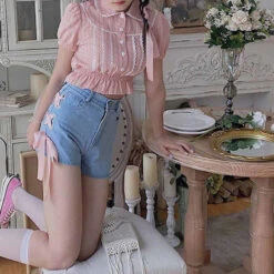 Pink Corset Shorts -Clothing Discount Store pink corset shorts angel angelic blue jeans denim kawaii babe 848