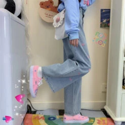 Pink Heart Embroidered Jeans -Clothing Discount Store pink heart embroidered jeans denim heart hearts jeans plus size 249