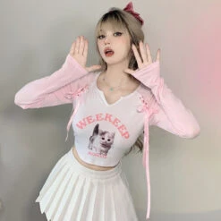 Pink Kitten Long Sleeve Crop Top 25 Pink Kitten Long Sleeve Crop Top -Clothing Discount Store pink kitten long sleeve crop top coquette tops dollette fae faecore shirt kawaii babe 169