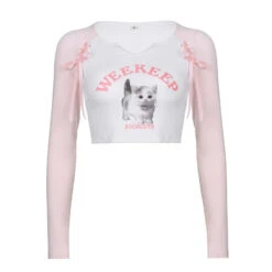 Pink Kitten Long Sleeve Crop Top 29 Pink Kitten Long Sleeve Crop Top -Clothing Discount Store pink kitten long sleeve crop top coquette tops dollette fae faecore shirt kawaii babe 390