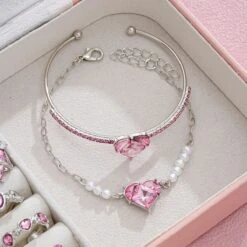 Pink Princesscore Jewelry Set And Box -Clothing Discount Store pink princess crystal jewelry set display box fairycore 324