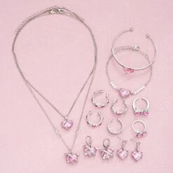 Pink Princesscore Jewelry Set And Box -Clothing Discount Store pink princess crystal jewelry set display box fairycore 458
