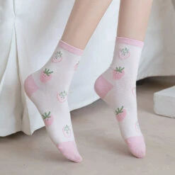 Pink Strawberry Cotton Socks -Clothing Discount Store pink strawberry cotton socks berries fruit fruity kawaii 522