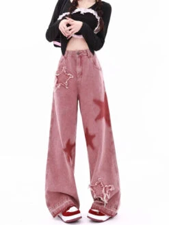 Pink Y2K Star Girl Jeans -Clothing Discount Store pink y2k star girl jeans denim jeans kawaii plus size 215