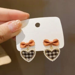 Plaid Heart Drop Earrings -Clothing Discount Store plaid heart drop earrings pinkblack bow dangle earring kawaii babe 377