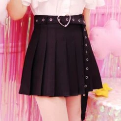 Pleated Belted Skirt -Clothing Discount Store pleated belted skirt black s frills kawaii lolita mini miniskirt skirts babe 749