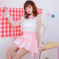 Pleated Belted Skirt -Clothing Discount Store pleated belted skirt frills kawaii lolita mini miniskirt skirts babe 220