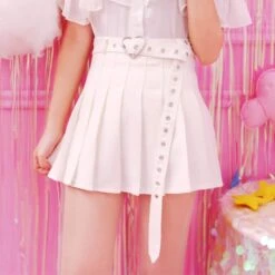 Pleated Belted Skirt -Clothing Discount Store pleated belted skirt white s frills kawaii lolita mini miniskirt skirts babe 894