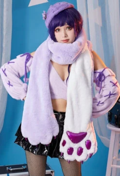 Purple Paw Plush Scarf -Clothing Discount Store purple paw plush scarf cat paws dog kitten kawaii babe 299