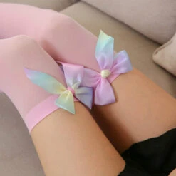 Rainbow Ribbon Thigh Highs -Clothing Discount Store rainbow ribbon thigh highs socks thigh highs ribbon rainbow kawaii 521