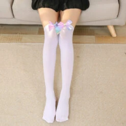 Rainbow Ribbon Thigh Highs -Clothing Discount Store rainbow ribbon thigh highs socks thigh highs ribbon rainbow kawaii 625