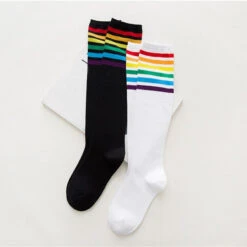 Rainbow Striped Pride Knee Socks -Clothing Discount Store rainbow striped pride knee socks black kneew stripes sockies kawaii babe 961
