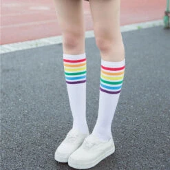 Rainbow Striped Pride Knee Socks -Clothing Discount Store rainbow striped pride knee socks kneew stripes sockies kawaii babe 204