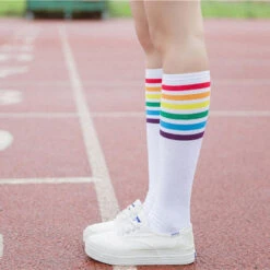 Rainbow Striped Pride Knee Socks -Clothing Discount Store rainbow striped pride knee socks kneew stripes sockies kawaii babe 694
