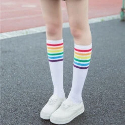 Rainbow Striped Pride Knee Socks -Clothing Discount Store rainbow striped pride knee socks kneew stripes sockies kawaii babe 985