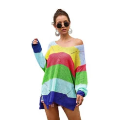 Rainbow Sweater Dress -Clothing Discount Store rainbow sweater dress long sleeve knit kawaii fashion 154