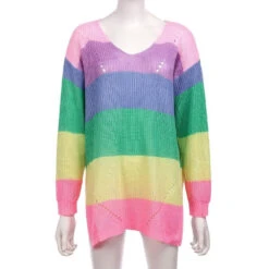Rainbow Sweater Dress -Clothing Discount Store rainbow sweater dress long sleeve knit kawaii fashion 600