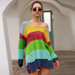 Rainbow Sweater Dress -Clothing Discount Store rainbow sweater dress long sleeve knit kawaii fashion 660