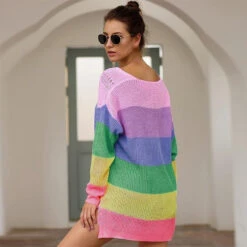 Rainbow Sweater Dress -Clothing Discount Store rainbow sweater dress long sleeve knit kawaii fashion 662