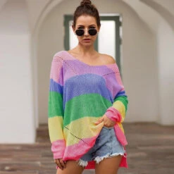 Rainbow Sweater Dress -Clothing Discount Store rainbow sweater dress long sleeve knit kawaii fashion 758