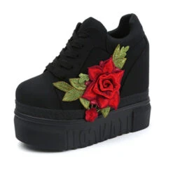 Red Rose Wedge Sneakers -Clothing Discount Store red rose wedge sneakers black 5 embroidered embroidery floral flower shoes shoes kawaii babe 427