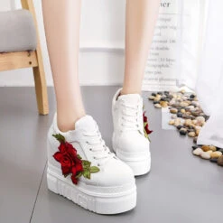 Red Rose Wedge Sneakers -Clothing Discount Store red rose wedge sneakers embroidered embroidery floral flower shoes shoes kawaii babe 345