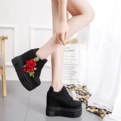 Red Rose Wedge Sneakers -Clothing Discount Store red rose wedge sneakers embroidered embroidery floral flower shoes shoes kawaii babe 441