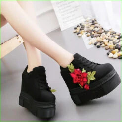 Red Rose Wedge Sneakers -Clothing Discount Store red rose wedge sneakers embroidered embroidery floral flower shoes shoes kawaii babe 694