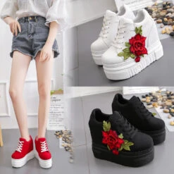 Red Rose Wedge Sneakers -Clothing Discount Store red rose wedge sneakers embroidered embroidery floral flower shoes shoes kawaii babe 696