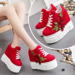 Red Rose Wedge Sneakers -Clothing Discount Store red rose wedge sneakers embroidered embroidery floral flower shoes shoes kawaii babe 899