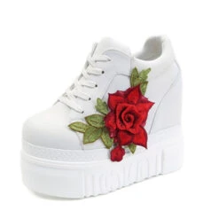 Red Rose Wedge Sneakers -Clothing Discount Store red rose wedge sneakers white 5 embroidered embroidery floral flower shoes shoes kawaii babe 423