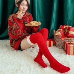 Red Santa Thigh Highs -Clothing Discount Store red santa thigh highs christmas festive furry socks fuzzy holiday ddlg playground 642