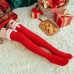 Red Santa Thigh Highs -Clothing Discount Store red santa thigh highs christmas festive furry socks fuzzy holiday ddlg playground 880
