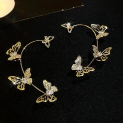 Rhinestone Butterfly Ear Cuffs -Clothing Discount Store rhinestone butterfly ear cuffs gold half butterflies cuff fake jewelry earrings kawaii babe 899