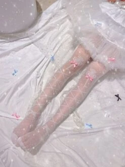 Sheer Ribbon Nylon Thigh Highs -Clothing Discount Store sheer lolita nylon thigh highs white wands pink ribbons nylons socks stockings tights kawaii babe 889
