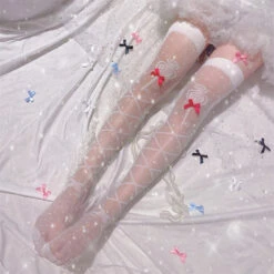 Sheer Ribbon Nylon Thigh Highs -Clothing Discount Store sheer lolita nylon thigh highs white wands red ribbons nylons socks stockings tights kawaii babe 394