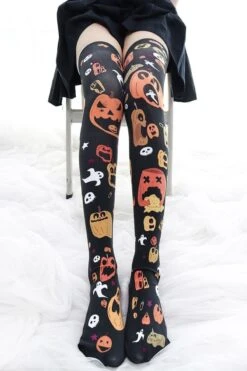 Sickly Pumpkin Stockings -Clothing Discount Store sickly pumpkin stockings boo candy candycorn creepy cute socks ddlg playground 628