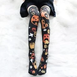 Sickly Pumpkin Stockings -Clothing Discount Store sickly pumpkin stockings boo candy candycorn creepy cute socks ddlg playground 966