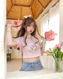 Spring Bunny Crop Top -Clothing Discount Store spring bunny crop top tops easter shirts shirt kawaii babe 543