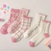 Spring Pink Floral Socks -Clothing Discount Store spring pink floral socks kawaii aesthetic bows floral flower 625