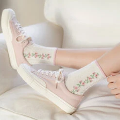 Spring Pink Floral Socks -Clothing Discount Store spring pink floral socks kawaii aesthetic bows floral flower 694