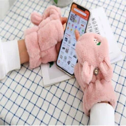 Strawbunny Plush Mittens -Clothing Discount Store strawberry bunny plush soft mittens gloves kawaii 407