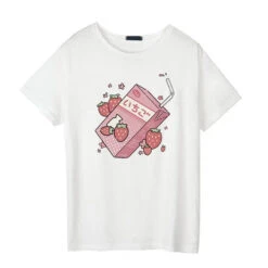 Strawberry Milk Graphic Tee -Clothing Discount Store strawberry milk graphic tee 80s style tee box fairy kei food fruit shirt kawaii babe 583