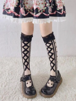 Sweet Satin Ribbon Lace Knee Socks -Clothing Discount Store sweet satin ribbon lace knee socks hosiery bows hosiery kawaii 340